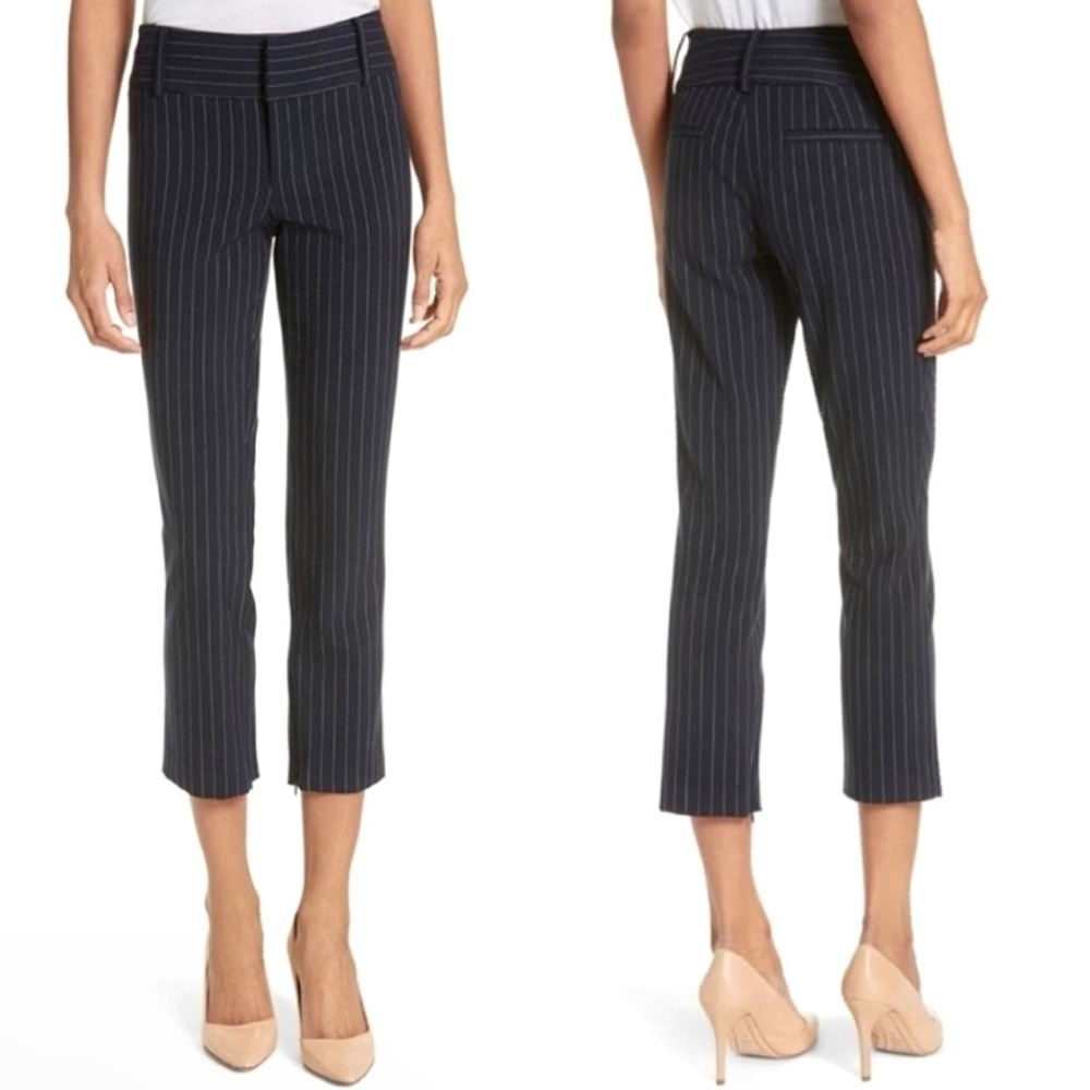 Alice+Olivia Black Pinstripe Low Rise Wide Leg Capri Cropped Wool Blend Pants 4 - Picture 13 of 15